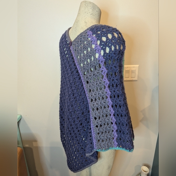Peacock Artisan Knit Hand Poncho Sweater, Blue, Purple, Teal One Size Acrylic - Picture 8 of 13